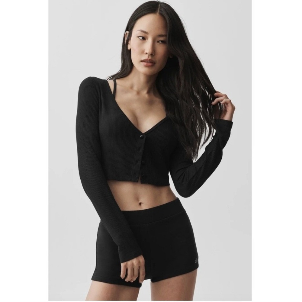 Alo Yoga Black Ribbed Cropped Whisper Cardigan Long Sleeve Top Size Large